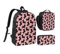 YXDVPALNE Scottish Terrier Muster Rosa Schwarz, Studenten Rucksack, Lunchtasche, Federmäppchen, 3-teiliges Set
