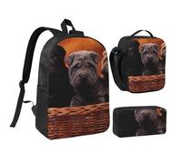 YXDVPALNE Shar Pei, schwarzer Welpe, kleine Hunde, grauer Welpe, Haustiere, Studenten Rucksack, Lunchtasche, Federmäppchen, 3-teiliges Set