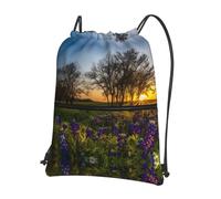 YYHHAOFA Rucksack mit Kordelzug, Motiv: Lavendelwiese bei Sonnenuntergang, Frühlingsdruck, Reißverschluss, leichter Turnbeutel mit wasserabweisendem Stoff, praktischer Fronttasche und verstellbaren