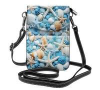 YYHWHJDE Ocean Sea Beach Seashells Seestern Blue Prints Kleine Leder Damen Crossbody Flip Phone Tasche, wasserdicht und langlebig