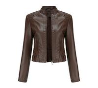YYNUDA Damen Lederjacke Kurz Bikerjacke Stehkragen Reißverschluss Leder Jacke Übergangsjacke für Herbst Frühling（Kaffee XL）