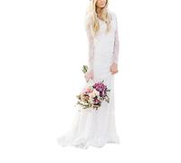 Yyoung Brautkleid Boho Vintage Damen Hochzeitskleid Langarm V-Ausschnitt Spitze Abendkleider Elfenbein 40