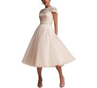 Yyoung Brautkleider Damen Prinzessin Hochzeitskleider Spitze Strand Brautmode Vintage Brautkleid Standesamt Wandenlang Elfenbein 38