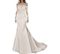 Yyoung Brautkleider Hochzeitskleider Spitze Meerjungfrau Lange Schulterfrei Brautkleid Standesamt Langarm Abendkleid Elfenbein 38