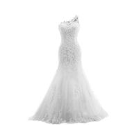 Yyoung Brautkleider Lang Spitze Meerjungfrau Hochzeitskleid One-Shoulder Brautkleid Rückenfrei Elegante Hochzeitskleider Weiß 46