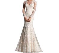 Yyoung Brautkleider Spitze Lang Hochzeitskleider Standesamt Brautmode Prinzessin Brautkleid Langarm Elfenbein 42