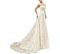 Yyoung Hochzeitskleid Damen Spitze Brautkleider Lang Vintage Hochzeitskleider Brautkleid Rückenfrei Elfenbein 42