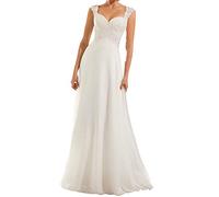 Yyoung Schlicht Brautkleid Lang V-Ausschnitt Hochzeitskleider Spitze Chiffon Brautmode Rückenfrei Elfenbein 32