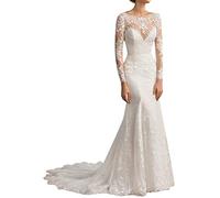 Yyoung Spitze Brautkleid Hochzeitskleid Meerjungfrau Langarm Brautmode Festkleid Brautkleid mit Schleppe Weiß 42