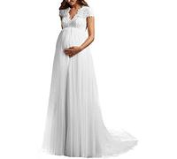 Yyoung Umstandsbrautkleid Lang Brautkleider Schwanger V Ausschnitt Spitze Hochzeitskleider Große Größen mit Schleppe Weiß 34