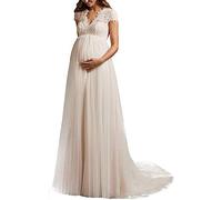 Yyoung Umstandsbrautkleid Lang Brautkleider Schwanger V Ausschnitt Spitze Hochzeitskleider Große Größen mit Schleppe Elfenbein 36
