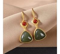 YZDKJ Natürliche Hetian White Jade Southern Red Geometrische Ohrringe Chinesischer Retro-Palast- Stil Neuer einzigartiger silberner Schmuck (Gem Color : Green)