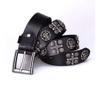YZJYB Punk Rock Style Echtleder Gürtel mit Dornschließe Schädel Geprägtem Muster Ledergürtel 105cm - 125cm Länge Herren Damen Vintage Western Nieten Belt,Schwarz,115CM