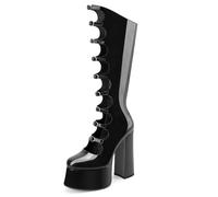 Z.Oufeier Damen Gothic Lolita High Chunky Block Heel Plateau Kniehohe Stiefel Schnalle Riemen Lackleder Absatz Lange Stiefel, Schwarz, 39.5 EU