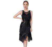 Z&X Damen Salsa Latein-Tanzkleid Glitzer Pailletten Fransen Flapper Partykleid Ballsaal Tanz-Outfits, 025 Schwarz, X-Groß