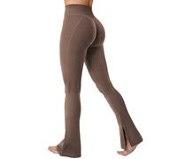 ZAAYO Flared Split Hem Leggings Damen Invisible Scrunch Butt Sport Leggings Hohe Taille Mini Schlaghose Damen Workout Yogahose Damen Lang Push Up Blickdicht Sporthose Kaffee S