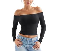 ZAAYO Long Sleeve Schulterfreies Oberteil Damen Y2K Crop Top Basic Langarmshirt Sport Tshirt Off Shoulder Gym Oberteil Damen Black L