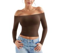 ZAAYO Long Sleeve Schulterfreies Oberteil Damen Y2K Crop Top Basic Langarmshirt Sport Tshirt Off Shoulder Gym Oberteil Damen Dark Brown L