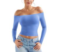 ZAAYO Long Sleeve Schulterfreies Oberteil Damen Y2K Crop Top Basic Langarmshirt Sport Tshirt Off Shoulder Gym Oberteil Damen Blau L