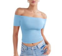 ZAAYO Schulterfreies T Shirt Damen Double Lined Y2K Summer Crop Top Sport Top Gym Oberteil Damen Basic Sporttshirt Hellblau L