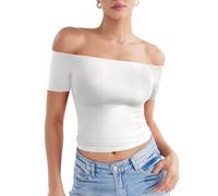 ZAAYO Schulterfreies T Shirt Damen Double Lined Y2K Summer Crop Top Sport Top Gym Oberteil Damen Basic Sporttshirt Weiß L