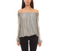 Zabaione Shirt Off-Shoulder-Bluse weich fallende Damen Seiden-Bluse mit Langen Ärmeln Freizeit-Shirt Sternenprint-Bluse Grau, Größe:S