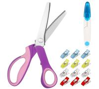 Zackenschere Stoffschere Profi Zick Zack Schere Stoff Set, Edelstahl Rostfrei Gezackte Schneiderschere mit Fadenschere und 12 Stücke Stoffklammern für Stoff, Stark, Basteln, Hobbyschneider