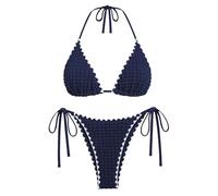 ZAFUL Bikini-Sets für Damen, Neckholder, zweiteiliger Badeanzug, gerippt, hoch geschnitten, zum Binden an der Seite, Tanga, Badeanzug, sexy, gepolsterte Bademode, Dunkelblau, S