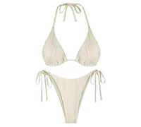 ZAFUL Bikini-Sets für Damen, Neckholder, Zweiteiliger Badeanzug, gerippt, hoch geschnitten, zum Binden an der Seite, Tanga, Badeanzug, sexy, gepolsterte Bademode, Beige, S