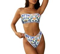 ZAFUL Damen Bandeau Bikini Set Blumen/Boho/Tropical Hoher Beinausschnitt Cheeky Trägerlos Zweiteiler Badeanzug Bademode (2-Grün Weiß Tropical,L)