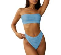 ZAFUL Damen Bandeau Bikini Set Wellen Texture Gerippt Hoher Beinausschnitt Cheeky Trägerlos Zweiteiler Badeanzug Bademode (1-hellblau,M)