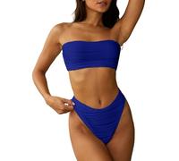 ZAFUL Damen Bandeau Bikini Set Wellen Texture Gerippt Hoher Beinausschnitt Cheeky Trägerlos Zweiteiler Badeanzug Bademode (1-königsblau,M)