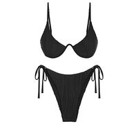 ZAFUL Damen Bikini Sets Gerippt Zweiteilige Badeanzüge Bügel Verstellbarer Rückenverschluss Badeanzug Seitliche Krawatte Tanga Bademode, Schwarz, Medium