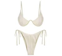 ZAFUL Damen Bikini Sets Gerippt Zweiteilige Badeanzüge Bügel Verstellbarer Rückenverschluss Badeanzug Seitliche Krawatte Tanga Bademode, Beige, S