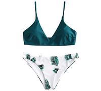 ZAFUL Damen Bikini Sets, Push-Up Spaghettiträger Bikini Obertiel Hoher Bund Pflanzenmuster Badehose Sommer (Pfauenblau, M)
