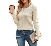 ZAFUL Damen-Pullover mit Zopfmuster, kurz, langärmlig, Rundhalsausschnitt, Strickpullover (1-beige, L)