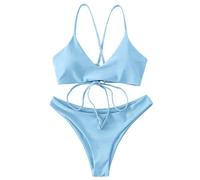 ZAFUL Geflochtene Träger, Schnürung, niedrige Taille, Bikini-Set, gepolstert, Zweiteiliger Badeanzug, Badebekleidung für Damen (8-Himmelblau,L)