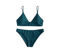 ZAFUL Gepolsterte Bikini Set, Push Up Badeanzug mit tropischem Blattmuster Hoher Bund Spaghettiträger Bademode Sommer (Einfarbig - Pfauenblau, L)
