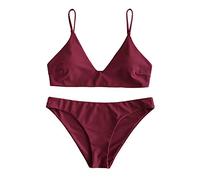 ZAFUL Gepolsterte Bikini Set, Push Up Badeanzug mit tropischem Blattmuster Hoher Bund Spaghettiträger Bademode Sommer (Einfarbig - Weinrot, L)