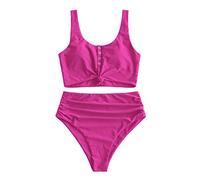 ZAFUL High Waist Bauchweg Bikini Set Kippschalter Verknotet Gepolstert Zwei Stück Gerafft Tankini Badeanzug Bademode für Damen (Heißes Rosa,S)