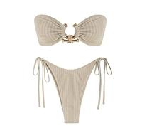 ZAFUL Metal Ring Bandeau Bikini Set mit Bindebändern, Hochgeschnittenes 2-Teiliges Badeanzug-Set, Cutout-Schwimmbekleidung, Beige, XS