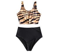 ZAFUL Zweiteiliger verknotet Tankini Beachwear Set, einfarbiger gepolsterter Badeanzug mit Schulterträger & Badehose mit Tropisches Blattmuster für Damen (Tiger-Muster, M)
