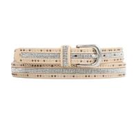 Zakatte • Damen schmaler Nietengürtel aus Kunstleder mir Strass Damengürtel Taillengürtel Jeansgürtel Hüftgürtel Bikergürtel BS041 (Beige, 90 cm)