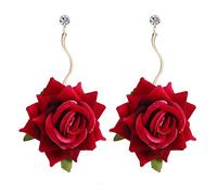 Zarte Rosen-Ohrringe, hübsche rote Rose, baumelnde Ohrringe, handgefertigt, leicht, Schmuck, Geschenk, Stoff, Blumenhaken, Blumentropfen für Frauen