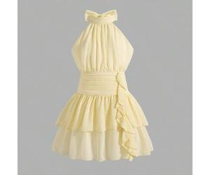 Zartes hellgelbes kurzes Chiffon-Kleid für Teenager-Mädchen mit Neckholder, geraffter Taille, Plissee-Design und Rüschensaum, Nischen-Feenstil, geeign