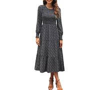 Zattcas Damen Herbstkleider 2025, lässig, langärmelig, gesmokt, Boho-Stil, Blumenmuster, Midi-Kleid für Hochzeitsgäste mit Taschen, Schwarz, L