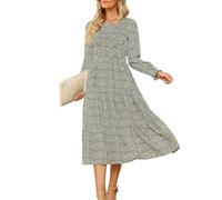 Zattcas Damen Herbstkleider 2025, lässig, langärmelig, gesmokt, Boho-Stil, Blumenmuster, Midi-Kleid für Hochzeitsgäste mit Taschen, M, Olivgrün, Groß