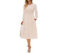 Zattcas Damen Herbstkleider 2025, lässig, langärmelig, gesmokt, Boho-Stil, Blumenmuster, Midi-Kleid für Hochzeitsgäste mit Taschen, Beige, Groß