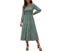 Zattcas Damen Herbstkleider 2025, lässig, langärmelig, gesmokt, Boho-Stil, Blumenmuster, Midi-Kleid für Hochzeitsgäste mit Taschen, Grün , Groß