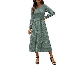 Zattcas Damen Herbstkleider 2025, lässig, langärmelig, gesmokt, Boho-Stil, Blumenmuster, Midi-Kleid für Hochzeitsgäste mit Taschen, Grün , Groß